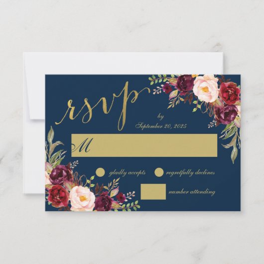 Chic Burgundy Floral Navy Blue Gold Wedding RSVP Kaart (Voorkant)