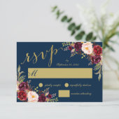 Chic Burgundy Floral Navy Blue Gold Wedding RSVP Kaart (Staand voorkant)