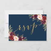 Chic Burgundy Floral Navy Blue Gold Wedding RSVP Kaart (Achterkant)