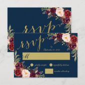 Chic Burgundy Floral Navy Blue Gold Wedding RSVP Kaart (Voorkant / Achterkant)