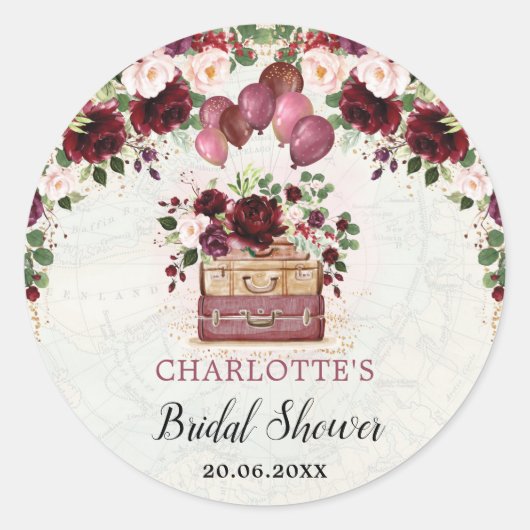 Chic Burgundy Floral Travel Vrijgezellenfeest Favo Ronde Sticker (Voorkant)