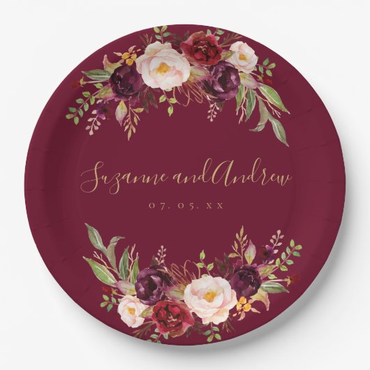 Chic Burgundy Floral Waterverf Wedding Verloving Papieren Bordje (Voorkant)