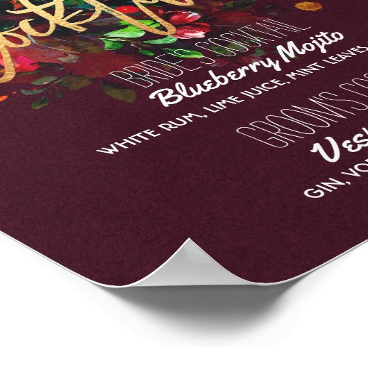 Chic Burgundy Floral Wedding Signature Drink Menu Poster (Hoek)