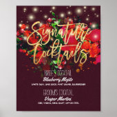 Chic Burgundy Floral Wedding Signature Drink Menu Poster (Voorkant)