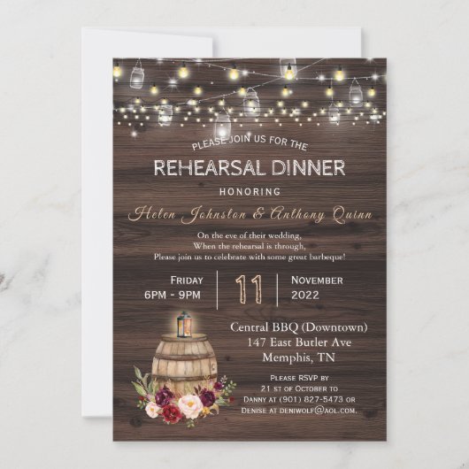 Chic Burgundy Floral Wine Barrel Rehearsal Dinner Kaart (Voorkant)
