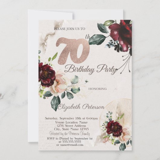 Chic Burgundy Flowers 70th Birthday Kaart (Voorkant)