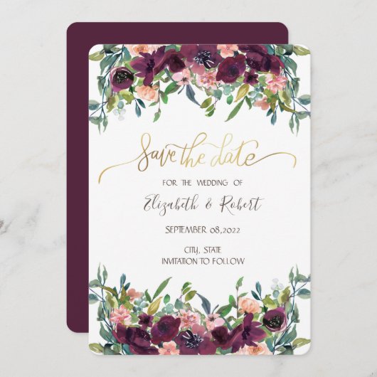 Chic Burgundy Flowers bewaar de datum Save The Date (Voorkant / Achterkant)