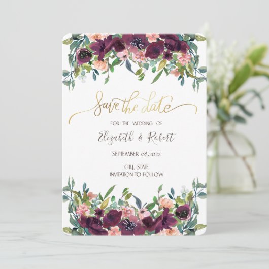 Chic Burgundy Flowers bewaar de datum Save The Date (Staand voorkant)