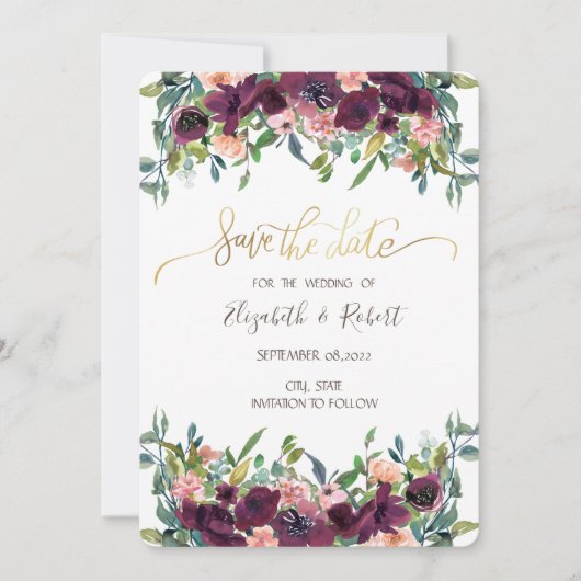 Chic Burgundy Flowers bewaar de datum Save The Date (Voorkant)