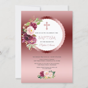 Chic Burgundy Flowers Girl 1st Birthday & Baptisme Kaart