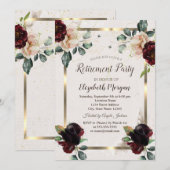 Chic Burgundy Flowers Gold Lijst Retirement Party Kaart (Voorkant / Achterkant)