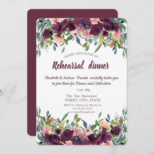 Chic Burgundy Flowers Rehearsal Dinner Kaart (Voorkant / Achterkant)
