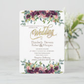 Chic Burgundy Flowers Wedding Kaart (Staand voorkant)