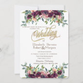 Chic Burgundy Flowers Wedding Kaart (Voorkant)