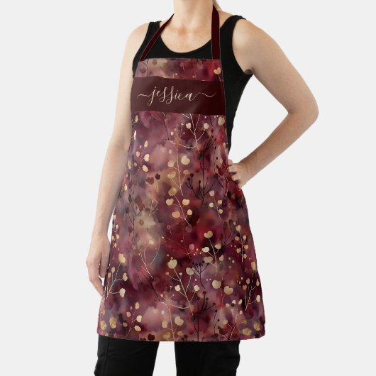 Chic burgundy gold abstract floral name apron schort (Insitu)