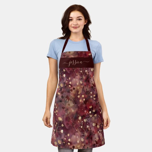 Chic burgundy gold abstract floral name apron schort (Gedragen)