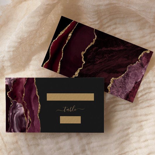 Chic Burgundy Gold Agate Dark Wedding Escort Plaatskaartje