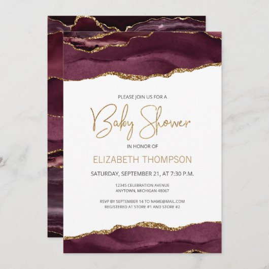 Chic Burgundy Gold Agate Geode Baby shower (Voorkant / Achterkant)