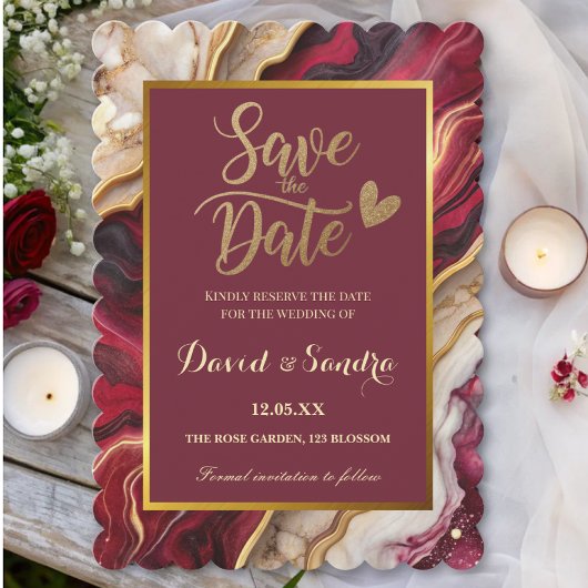 Chic Burgundy Gold Agate Marble Modern Wedding  Save The Date