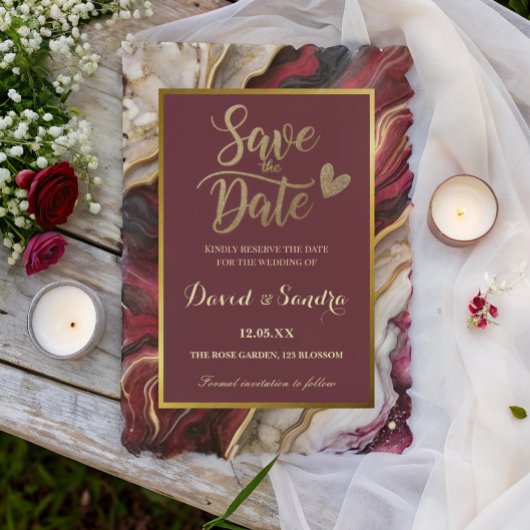 Chic Burgundy Gold Agate Marble Modern Wedding  Save The Date