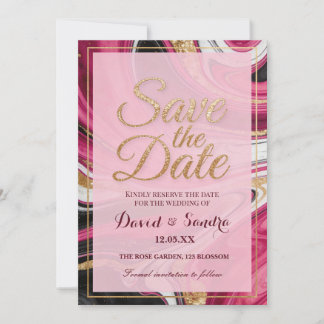 Chic Burgundy Gold Agate Marble Modern Wedding Save The Date