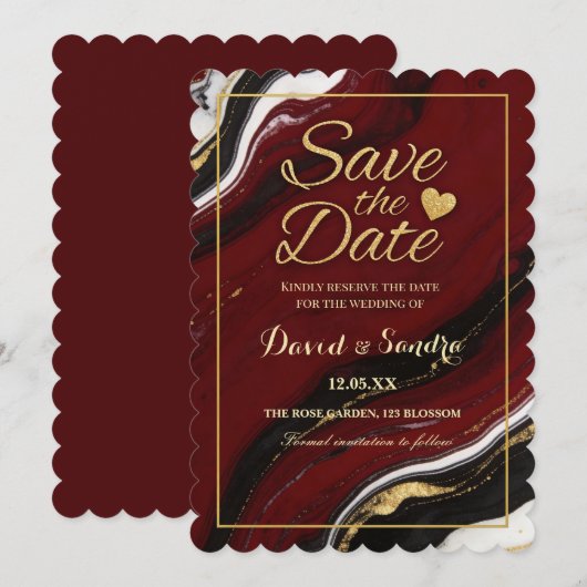Chic Burgundy Gold Agate Marble Modern Wedding  Save The Date (Voorkant / Achterkant)