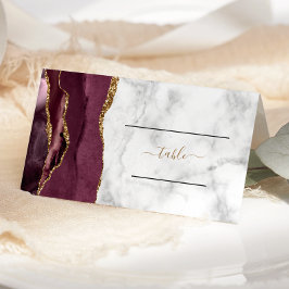 Chic Burgundy Gold Agate Marble Wedding Table Plaatskaartje