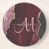 Chic Burgundy Gold Agate Script Custom Monogram Zandsteen Onderzetter (Voorkant)