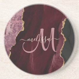 Chic Burgundy Gold Agate Script Custom Monogram Zandsteen Onderzetter
