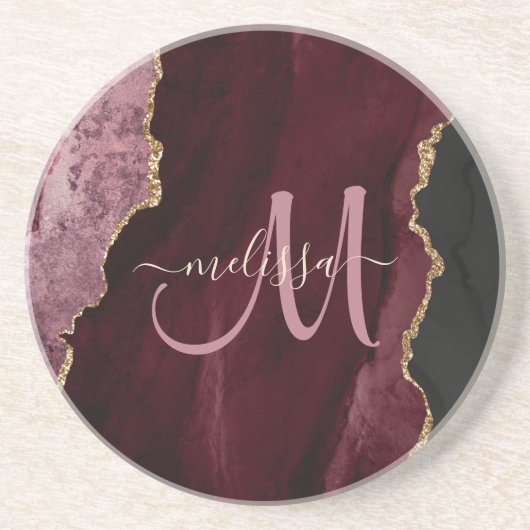 Chic Burgundy Gold Agate Script Custom Monogram Zandsteen Onderzetter (Voorkant)