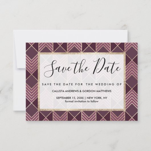 Chic Burgundy Gold Arrowiad Chevron Geometric Save The Date (Voorkant)