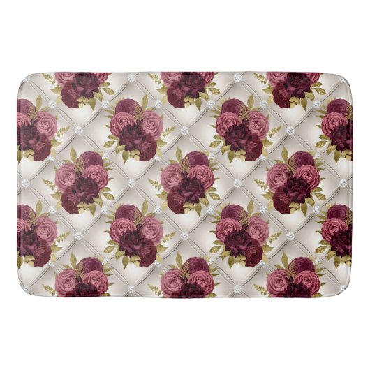 Chic Burgundy Gold Floral diamant tufted Pattern Badmat (Voorkant)