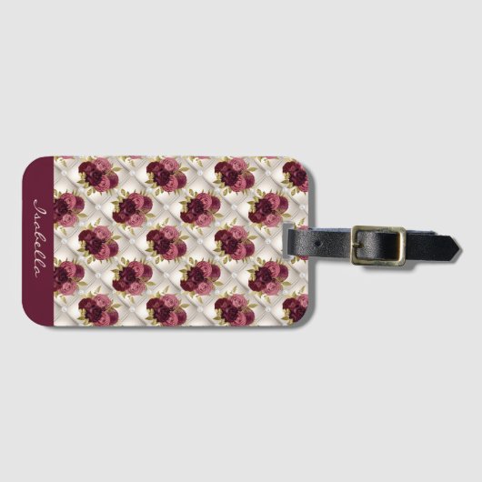 Chic Burgundy Gold Floral diamant tufted Pattern Bagagelabel (Voorkant (horizontaal))