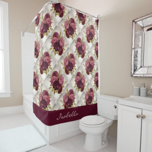 Chic Burgundy Gold Floral diamant tufted Pattern Douchegordijn (In situ)