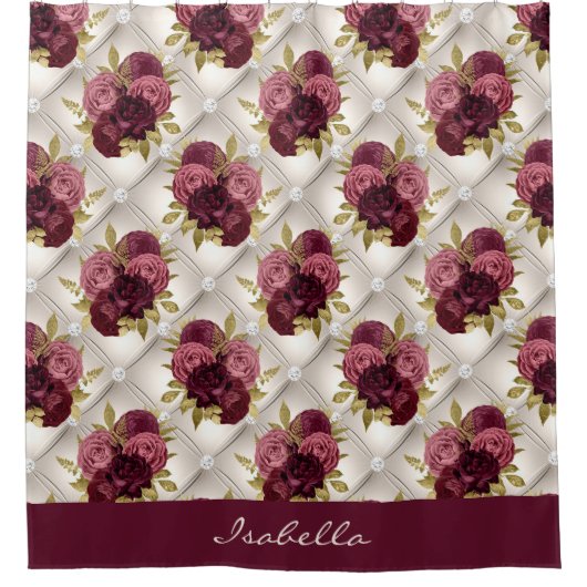 Chic Burgundy Gold Floral diamant tufted Pattern Douchegordijn (Voorkant)