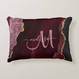Chic Burgundy Gold Glitter Agate Custom Monogram Accent Kussen