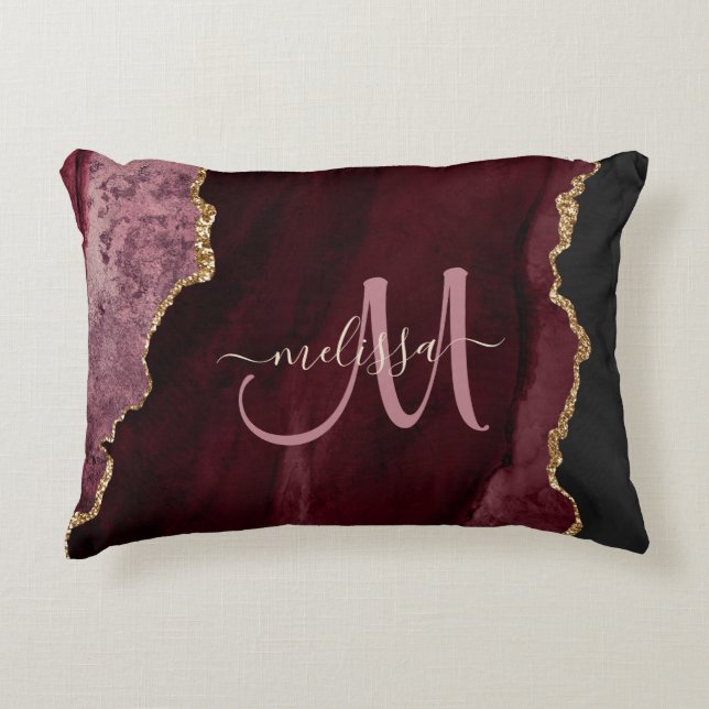 Chic Burgundy Gold Glitter Agate Custom Monogram Accent Kussen (Voorkant)