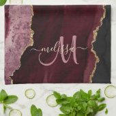 Chic Burgundy Gold Glitter Agate Custom Monogram B Theedoek (Gevouwen)