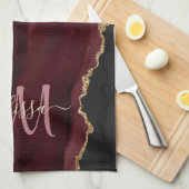 Chic Burgundy Gold Glitter Agate Custom Monogram B Theedoek (Quarter Fold)