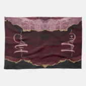 Chic Burgundy Gold Glitter Agate Custom Monogram B Theedoek (Horizontaal)