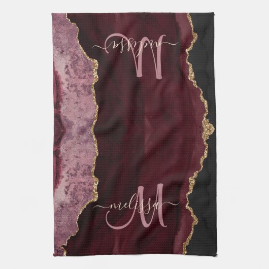 Chic Burgundy Gold Glitter Agate Custom Monogram B Theedoek (Verticaal)