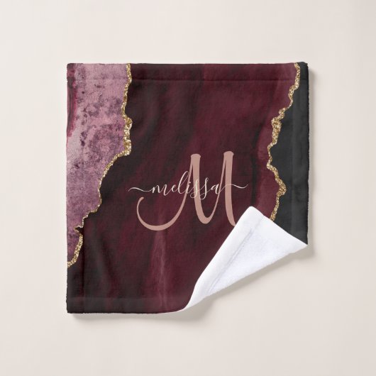 Chic Burgundy Gold Glitter Agate Custom Monogram Bad Handdoek (Wasdoekje)