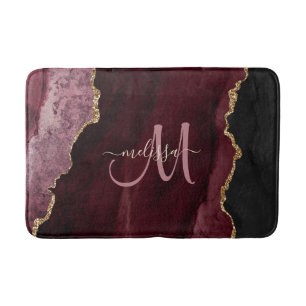 Chic Burgundy Gold Glitter Agate Custom Monogram Badmat