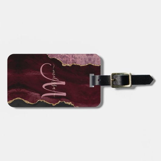 Chic Burgundy Gold Glitter Agate Custom Monogram Bagagelabel (Voorkant horizontaal)