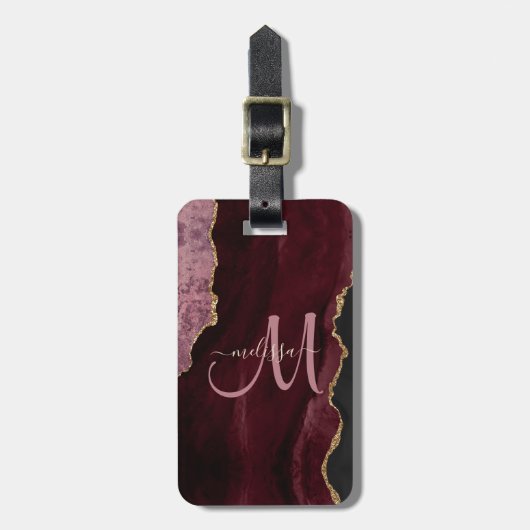 Chic Burgundy Gold Glitter Agate Custom Monogram Bagagelabel (Voorkant verticaal)
