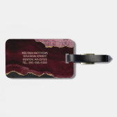Chic Burgundy Gold Glitter Agate Custom Monogram Bagagelabel (Achterkant horizontaal)