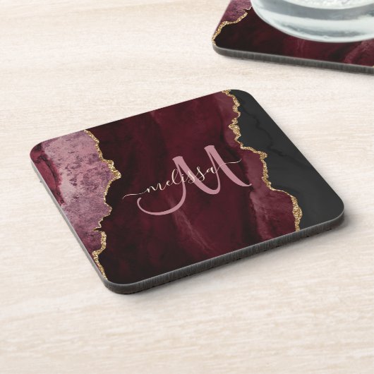 Chic Burgundy Gold Glitter Agate Custom Monogram Bier Onderzetter (Linkerzijde)