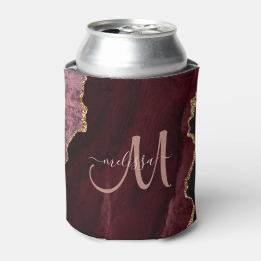Chic Burgundy Gold Glitter Agate Custom Monogram Blikjeskoeler (Blikje Voorkant)