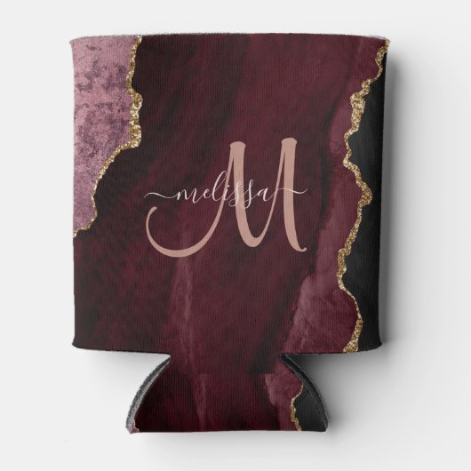 Chic Burgundy Gold Glitter Agate Custom Monogram Blikjeskoeler (Voorkant)
