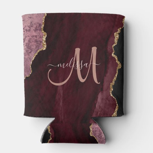 Chic Burgundy Gold Glitter Agate Custom Monogram Blikjeskoeler (Achterkant)